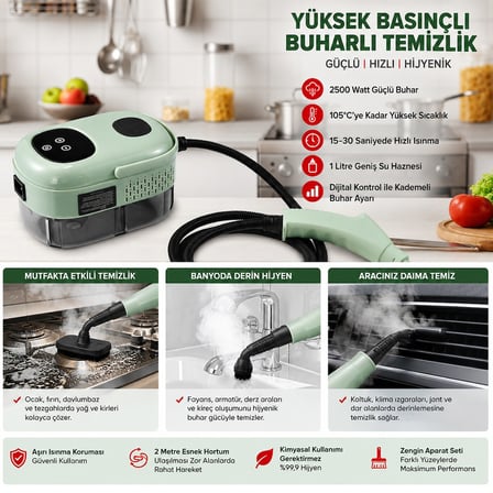 Sunup SN-37875 2500W Yüksek Basınçlı Ayarlanabilir Dijital Buharlı Temizleme Cihazı 1 Litre Su Hazneli