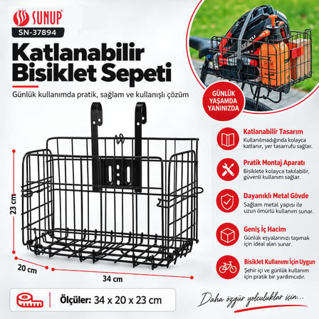 Sunup SN-37894 Katlanabilir Bisiklet Sepeti Metal Tel Gövde 34X20x23cm Pratik Taşıma Sepeti