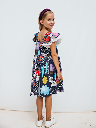 Pamuklu Desenli Kısa Kollu Kız Çocuk Elbise