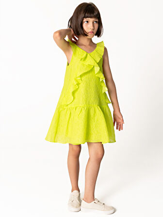 Neon Yeşil Kolsuz Fırfırlı Kız Çocuk Elbise