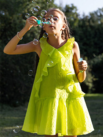 Neon Yeşil Kolsuz Fırfırlı Kız Çocuk Elbise