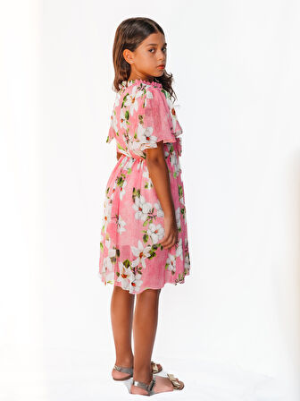 Pembe Çiçek Desenli Şifon Kız Çocuk Elbise