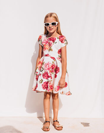 Kırmızı Gül Desenli Özel Gün Kız Çocuk Elbise