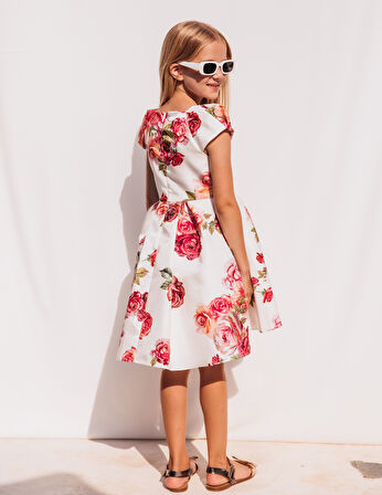 Kırmızı Gül Desenli Özel Gün Kız Çocuk Elbise