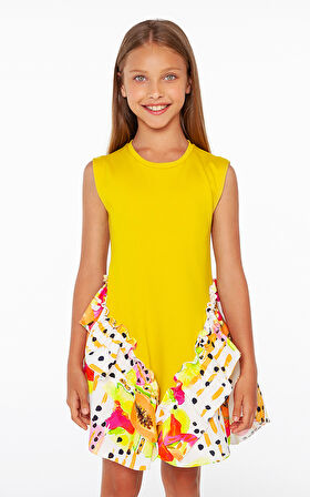 Hardal Rengi Örme Etek Ucu Desenli Kız Elbise