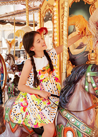 Papaya Desenli, Rahat Kalıp Kız Çocuk Elbise