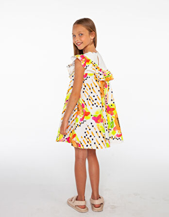 Papaya Desenli, Rahat Kalıp Kız Çocuk Elbise