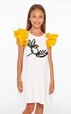 Kuş Aplike Detaylı Kız Çocuk Elbise
