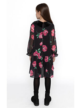 Gül Desenli Şifon Kız Çocuk Elbise