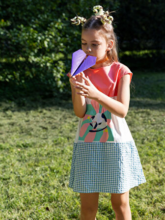 Kısa Kollu Kareli ve Çiçek Kız Çocuk Elbise