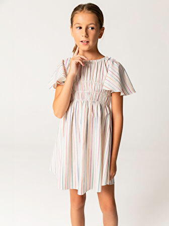Yarım Kollu Çizgili Pamuklu Kız Çocuk Elbise