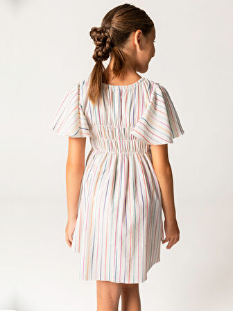 Yarım Kollu Çizgili Pamuklu Kız Çocuk Elbise