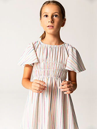 Yarım Kollu Çizgili Pamuklu Kız Çocuk Elbise