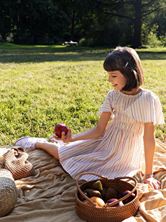 Yarım Kollu Çizgili Pamuklu Kız Çocuk Elbise