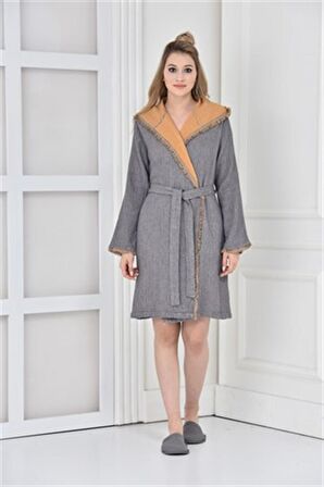 Ecocotton Muna Kadın Bornoz %100 Organik Pamuk Inject Antrasit-Safran