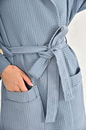 Green Black Afra Kadın Pike Bornoz %100 Pamuk İndigo Mavi