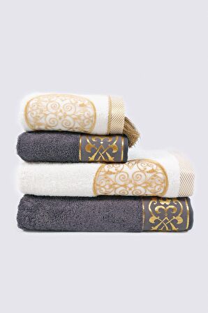 Ecocotton Arus Hamam  Seti %100 Organik Pamuk Nakışlı Krem/Antrasit