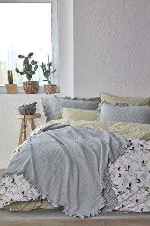 Ecocotton Simla Çift Kişilik Pike Seti %100 Organik Pamuk Jakarlı Gri 220x240 Cm