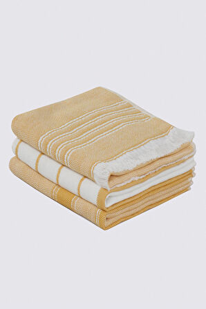 Ecocotton Elis Sarı-Krem 3 Parça Organik Mutfak Havlu Seti 40 x 60 cm.