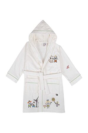 Ecocotton Carnaval Unisex Çocuk Bornoz %100 Organik Pamuk Nakışlı Krem
