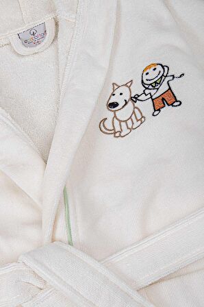 Ecocotton Carnaval Unisex Çocuk Bornoz %100 Organik Pamuk Nakışlı Krem