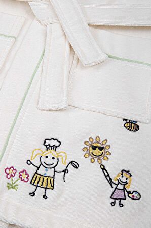 Ecocotton Carnaval Unisex Çocuk Bornoz %100 Organik Pamuk Nakışlı Krem