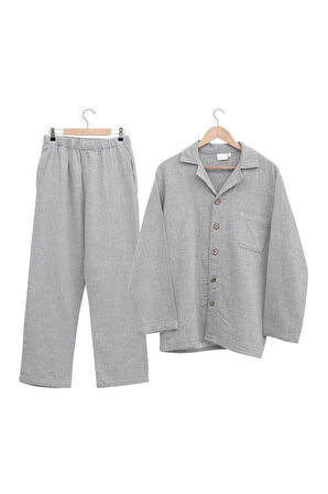 Ecocotton Melsa Açık Gri %100 Organik Pamuk Müslin Erkek Pijama Takımı
