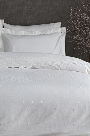 Ecocotton Ahter Çift Kişilik Nevresim Takımı %100 Organik Pamuk Saten Brodeli Krem 200x220 Cm