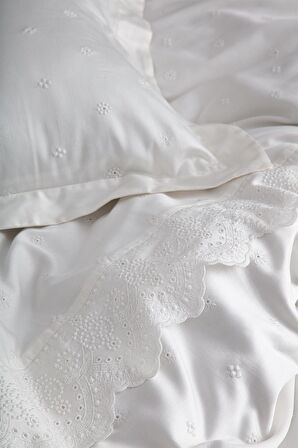 Ecocotton Ahter Çift Kişilik Nevresim Takımı %100 Organik Pamuk Saten Brodeli Krem 200x220 Cm