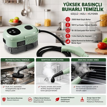 Sunup SN-37875 2500W Yüksek Basınçlı Ayarlanabilir Dijital Buharlı Temizleme Cihazı 1 Litre Su Hazneli