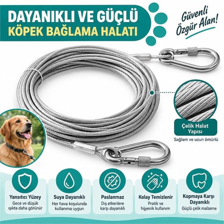 Sunup SN-38107 5 Metre Çelik Köpek Bağlama Halatı Kilitli Karabina PVC Kaplamalı