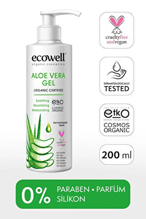 Ecowell Organik Aloe Vera Jel, Vegan Sertifikalı, Güneş Sonrası Yatıştırıcı Nemlendirici Rahatlatıcı 200ml