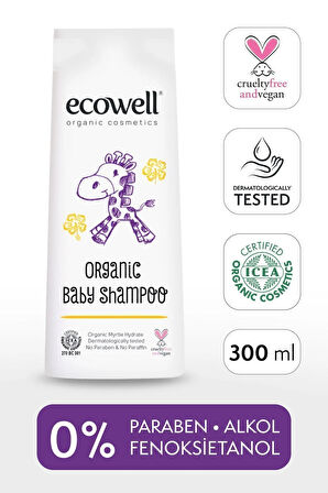 Ecowell Organik Bebek Ve Çocuk Şampuanı, Saç Ve Vücut, Vegan Sertifikalı, Parabensiz, Konak Önleyici, 300 ml