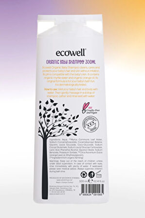 Ecowell Organik Bebek Ve Çocuk Şampuanı, Saç Ve Vücut, Vegan Sertifikalı, Parabensiz, Konak Önleyici, 300 ml