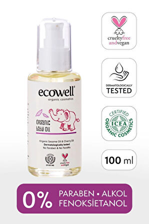 Ecowell Organik Bebek Yağı, Vegan Sertifikalı, Hipoalerjenik, Nemlendirici, Rahatlatıcı Bebe Masajı, 100ml