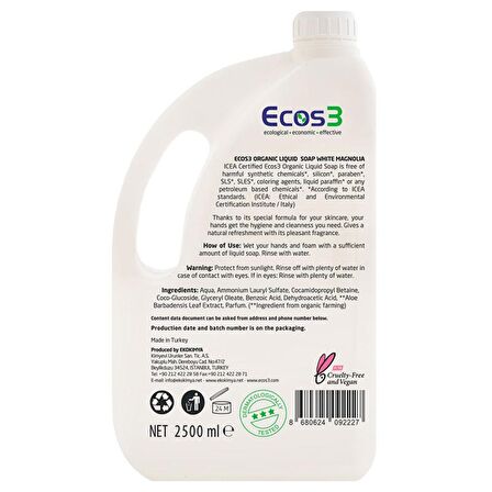 Ecos3 Organik Beyaz Manolya Kokulu Sıvı Sabun 2500 ml