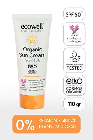 Ecowell Organik Güneş Kremi Spf 50, Vegan Sertifikalı, Mineral Filtre, Yüz Ve Vücut, Uva Uvb Koruma, 110 gr