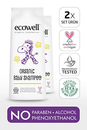 Ecowell Bebek Saç & Vücut Şampuanı Set, Organik & Vegan Sertifikalı, Parabensiz Doğal Konak Önleyici 2x300ml