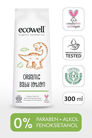 Ecowell Organik Bebek Losyonu, Yüz Ve Vücut, Vegan Sertifikalı, Doğal Nemlendirici Bebe Kremi, 300 ml