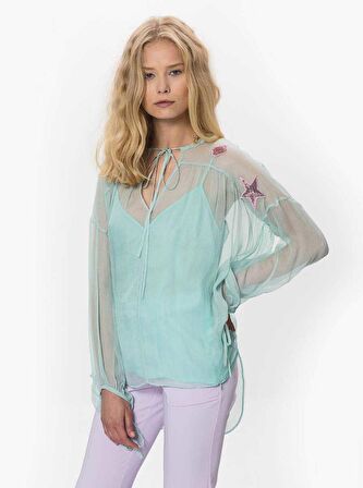 İşlemeli Transparan Mint Bluz   Mint