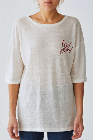 Yazı Detaylı Kadın T-Shirt   Ekru