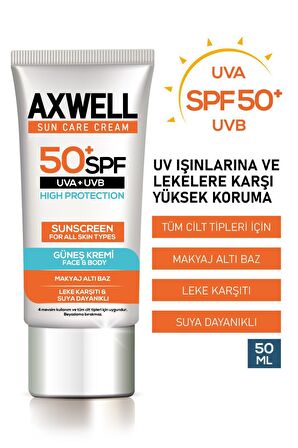 Axwell Sun Care 50+ Faktör Leke Karşıtı Tüm Cilt Tipleri İçin Renksiz Yüz Güneş Koruyucu Krem 50 ml