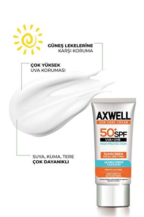 Axwell Sun Care 50+ Faktör Leke Karşıtı Tüm Cilt Tipleri İçin Renksiz Yüz Güneş Koruyucu Krem 50 ml