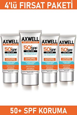 Axwell Sun Care 50+ Faktör Leke Karşıtı Tüm Cilt Tipleri İçin Renksiz Yüz Güneş Koruyucu Krem 4x50 ml