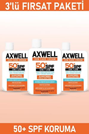 Axwell Sun Care 50+ Faktör Leke Karşıtı Tüm Cilt Tipleri İçin Renksiz Yüz Güneş Koruyucu Krem 3x100 ml