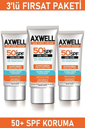 Axwell Sun Care 50+ Faktör Leke Karşıtı Tüm Cilt Tipleri İçin Renksiz Yüz Güneş Koruyucu Krem 3x50 ml