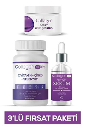 5 Tip Kolajen Tablet + Kolajen Krem + Kolajen Serum 3 Lü Fırsat Seti