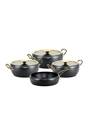 SIRENA - 3540 -7 Parça, Bio Granit, Pfoa, Ptfe Free, Tencere, Tava Çeyiz Seti, Antrasit, Gold Detay