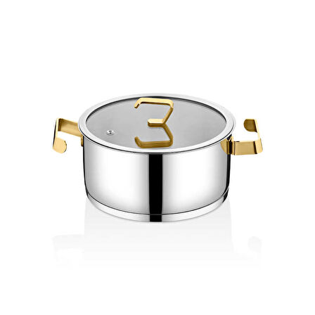 1141 - 8 Parça, İndüksiyonlu, 1. Sınıf Paslanmaz Çelik, Tencere Seti, Gümüş Gövde, Gold Detay