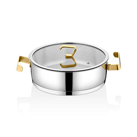 1141 - 8 Parça, İndüksiyonlu, 1. Sınıf Paslanmaz Çelik, Tencere Seti, Gümüş Gövde, Gold Detay